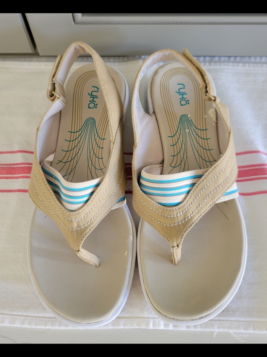 Ryka Women\'s Beige and Teal Stripe Sandals